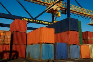 Containers in stacks at port